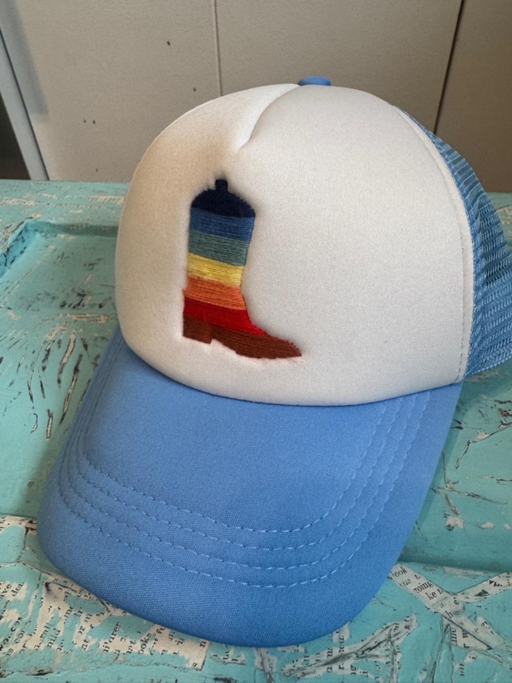 Rainbow Embroidered Cowgirl Boot Trucker Hat Blue Mesh Boho Western Core NEW - Picture 7 of 8